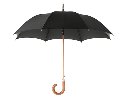 classic black umbrella with curved wooden handle, perfect for rainy days. Its elegant design combines functionality and style, making it must have accessory png