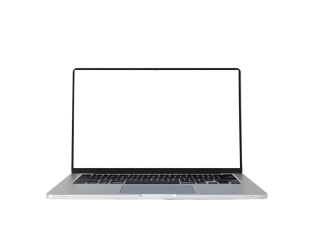 Open silver laptop with blank white screen on transparent background png