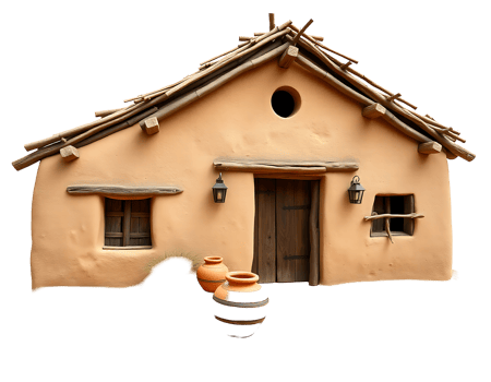 Charming Adobe House with Thatched Roof and Pottery Decor png