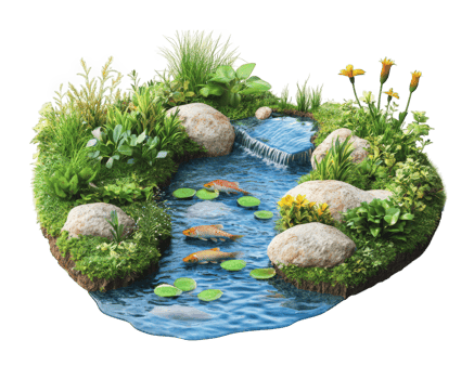 A pond with rocks and plants png