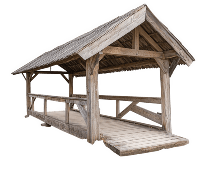 covered wooden bridge with rustic charm, perfect for outdoor settings and nature walks. Its sturdy structure and natural materials enhance scenic beauty png