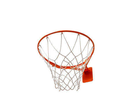 Close-up of an orange basketball hoop with a white net, isolated. png
