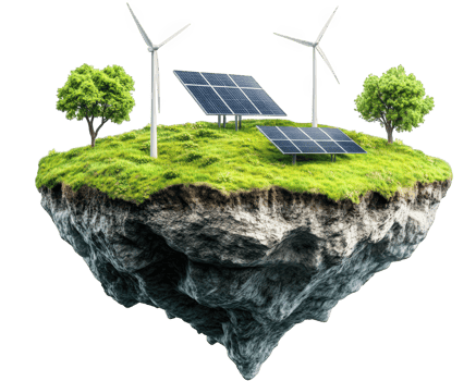 An island with solar panels and wind turbines png