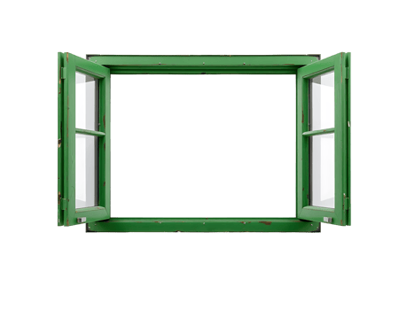 Green open window with wooden frame isolated on a transparent background png