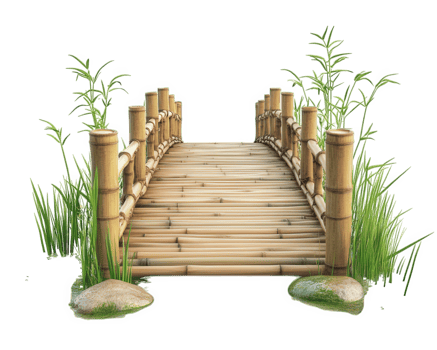 narrow bamboo bridge surrounded by lush greenery and rocks, creating serene and tranquil atmosphere. This traditional structure invites exploration and connection with nature png