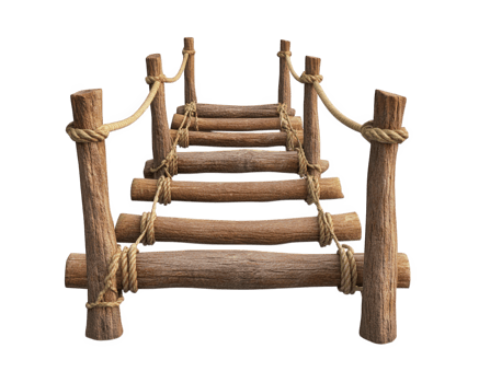 narrow footbridge made of logs and rope, showcasing rustic design. This simple structure evokes sense of adventure and connection to nature png