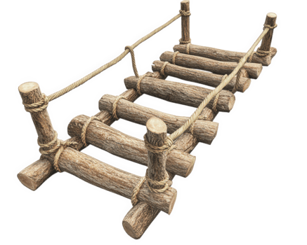 simple and rustic footbridge made of logs and rope, perfect for outdoor adventures. This narrow structure showcases natural materials and craftsmanship, ideal for nature lovers png