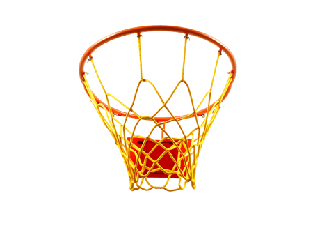 Basketball hoop with orange rim and yellow net against a transparent background png