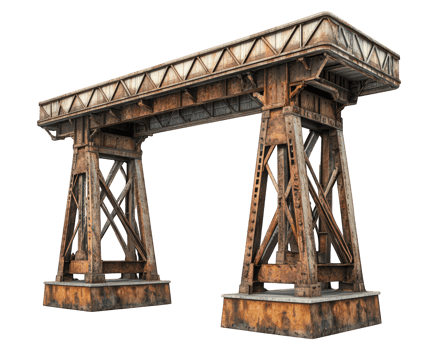 railway bridge with towering metal beams, showcasing impressive industrial design and weathered textures. structure stands strong, reflecting blend of history and engineering png