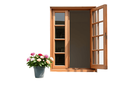 Beautiful wooden window with flowers in a pot. png