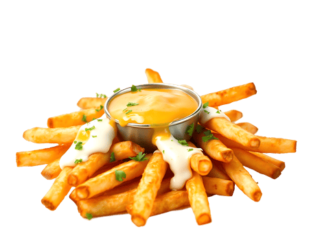 Golden Crispy French Fries with Cheese Sauce Dip png