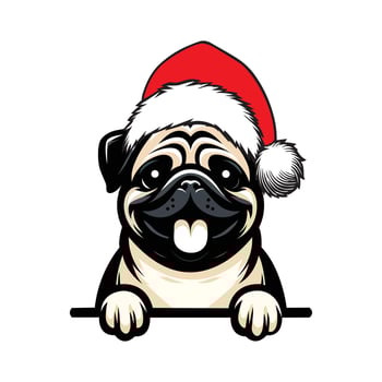 Pug dog with Santa Hat illustration, Cute Dog Peeking Face isolated, dog wearing Santa hat Art vector