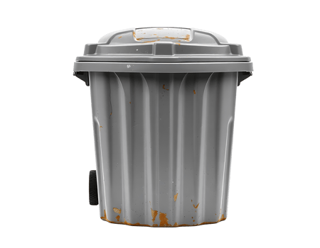 Gray plastic trash can with a lid and wheels, outdoors png