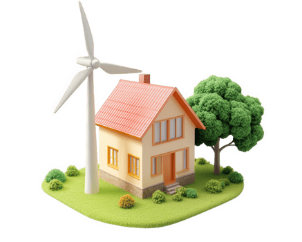 A house with a wind turbine and a tree png