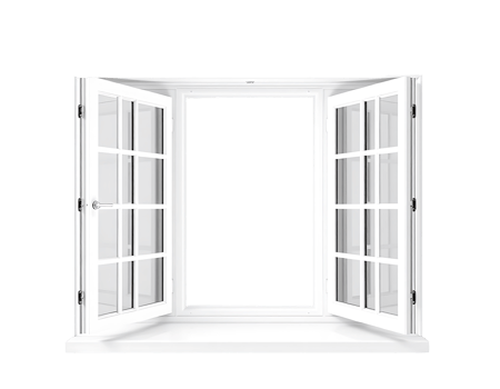 Open white window with glass panes and a sill on a transparent background. png