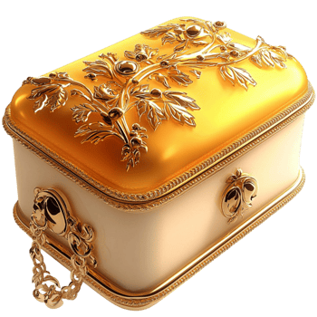 Luxurious gold jewelry box adorned intricate floral patterns designed to store precious treasures beautifully png