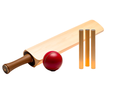 Cricket equipment with a bat, ball and stumps png
