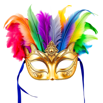 Golden Carnival Mask with Colorful Feathers png