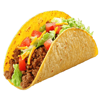 Isolated crunchy taco with seasoned ground beef lettuce tomato and cheese on for food blog png