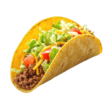 Delicious taco with ground beef lettuce cheese and tomatoes isolated on for food photography png