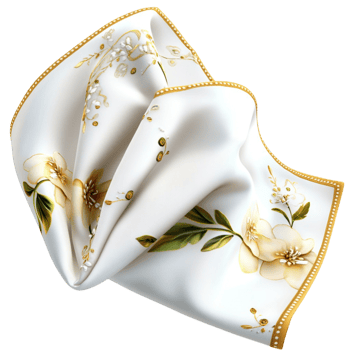 Luxurious white silk hkerchief golden embroidery floral details creating an elegant stylish fashion accessory png