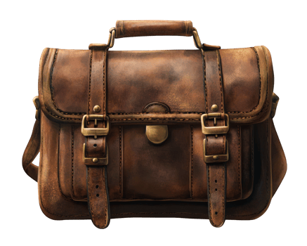 Vintage style satchel bag with brass buckles, classic leather design, showcasing worn look and sturdy construction. Perfect for stylish storage and travel png