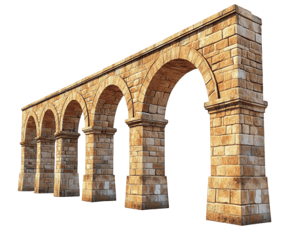 Ancient Roman aqueduct with multiple arches, showcasing historical engineering and architectural design. structure features detailed stonework and weathered appearance, reflecting its age png