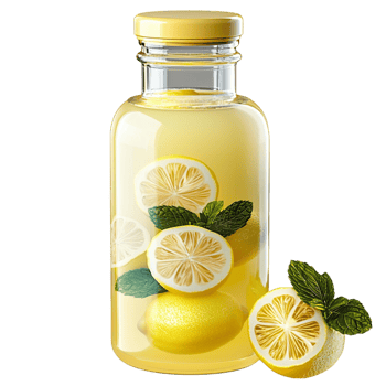 Glass bottle filled with fresh lemonade with floating lemon slices and mint leaves for refreshment png