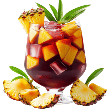 Tropical fruit cocktail with pineapple slices ice cubes served in a stylish glass png
