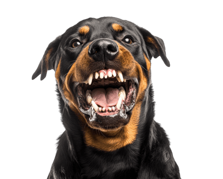 barking Rottweiler showing its sharp teeth, strong and confident, exudes playful yet fierce demeanor. This powerful dog captures attention with its expressive face and vibrant energy png