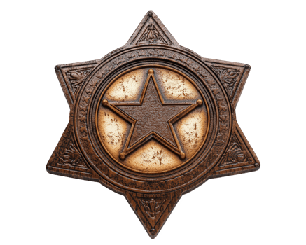 Vintage sheriff badge with star design, featuring rustic texture and intricate details. This emblem represents law enforcement and authority in classic style png