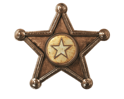 Vintage sheriff badge with star design, symbolizing law enforcement and authority. badge features weathered look, adding to its historical charm png