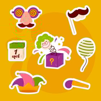 A sticker set with humorous April Fools' Day elements on a bright yellow background. Includes funny glasses, mustaches, surprise boxes, and playful accessories vector