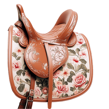Beautifully designed leather saddle with floral embroidery symbolizing equestrian tradition craftsmanship and horseback riding elegance png