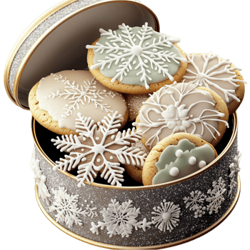 Elegant holiday cookie tin with snowflake decorations symbolizing sweetness celebration tradition and winterinspired treats png