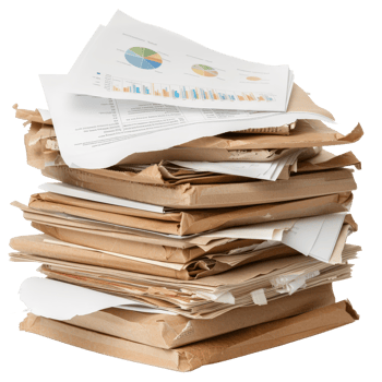 Stacked Piled Office Papers with Charts and Graphs in a Messy Workspace Environment png