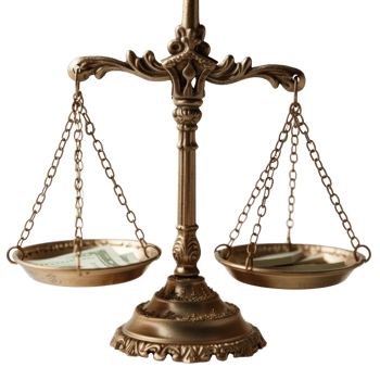 Balanced Scales with Cash and Currency Symbolizing Justice and Financial Equilibrium Concept png