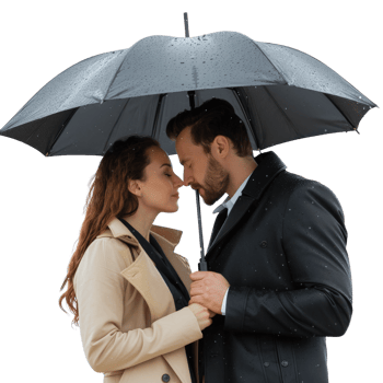Romantic couple sharing an intimate moment under an umbrella during a rainy day outdoors png