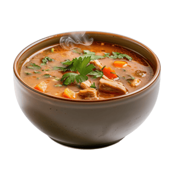 Warm and Hearty Chicken Soup with Fresh Vegetables and Steaming Aroma in a Cozy Bowl png