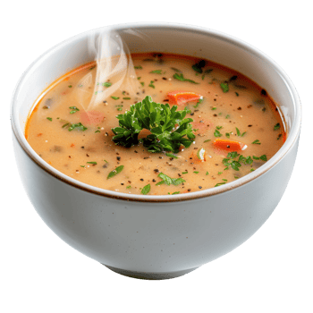 Warm and Creamy Vegetable Soup in a White Bowl with Fresh Herbs and Steaming Aroma png
