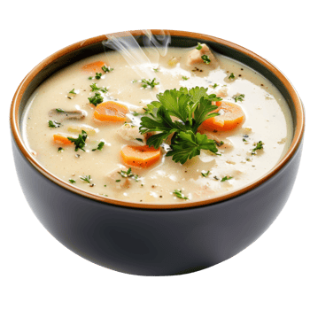Delicious Creamy Chicken Soup with Vegetables and Fresh Herbs in a Warm Bowl png