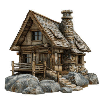 Enchanted Stone and Timber Cottage nestled amongst rocks png