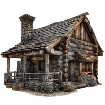 Rustic Wooden Log Cabin with Stone Chimney Porch png