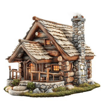 Enchanted Fairytale Log Cabin in the Woods with Stone Chimney and Wooden Railings png