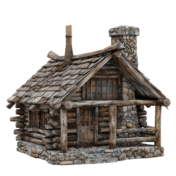 A Rustic Wooden Log Cabin with Stone Chimney and Porch png