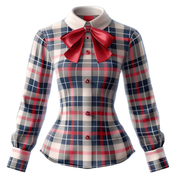 Women's Long Sleeve Plaid Shirt with Red Bow Tie Elegant Fitted Blouse png