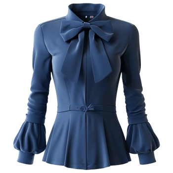Elegant Women's Blue Blouse with Big Bow and Puff Sleeves png