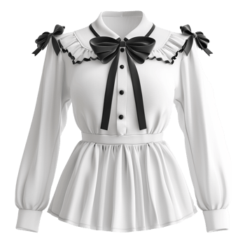 Elegant White Blouse with Black Bows and Ruffles A sophisticated and stylish top png