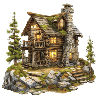 Enchanted Two Story Log Cabin Home nestled on a Rocky Mountainside with Mossy Roof and Stone Chimney png