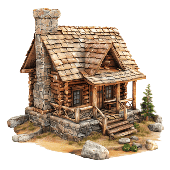 Charming Rustic Log Cabin with Stone Chimney and Porch png